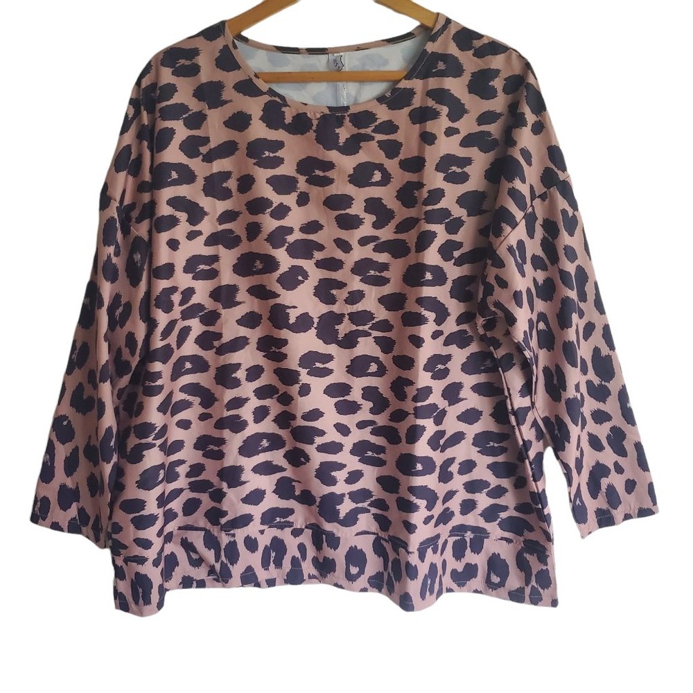 Misslook Women's XL Animal Print Popover Top 3/4‎ Sleeve Tan Black Mob Wife City